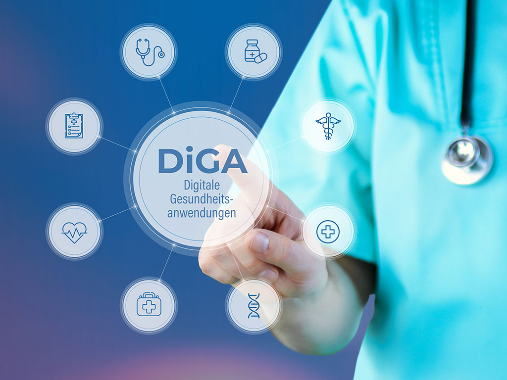 Ein Finger tippt auf ein digitales DiGA-Interface mit Icons für Medikation, Puls und Dokumentation