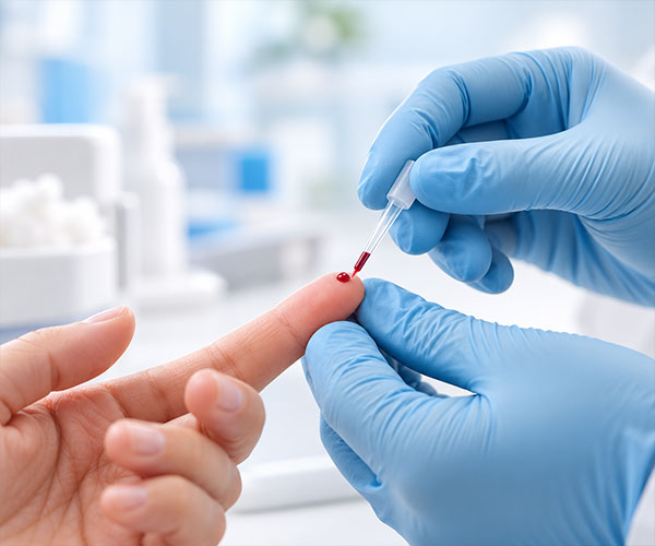 Blutuntersuchung in der Palmen Apotheke Ottobrunn mit Kapillarblutprobe aus der Fingerkuppe