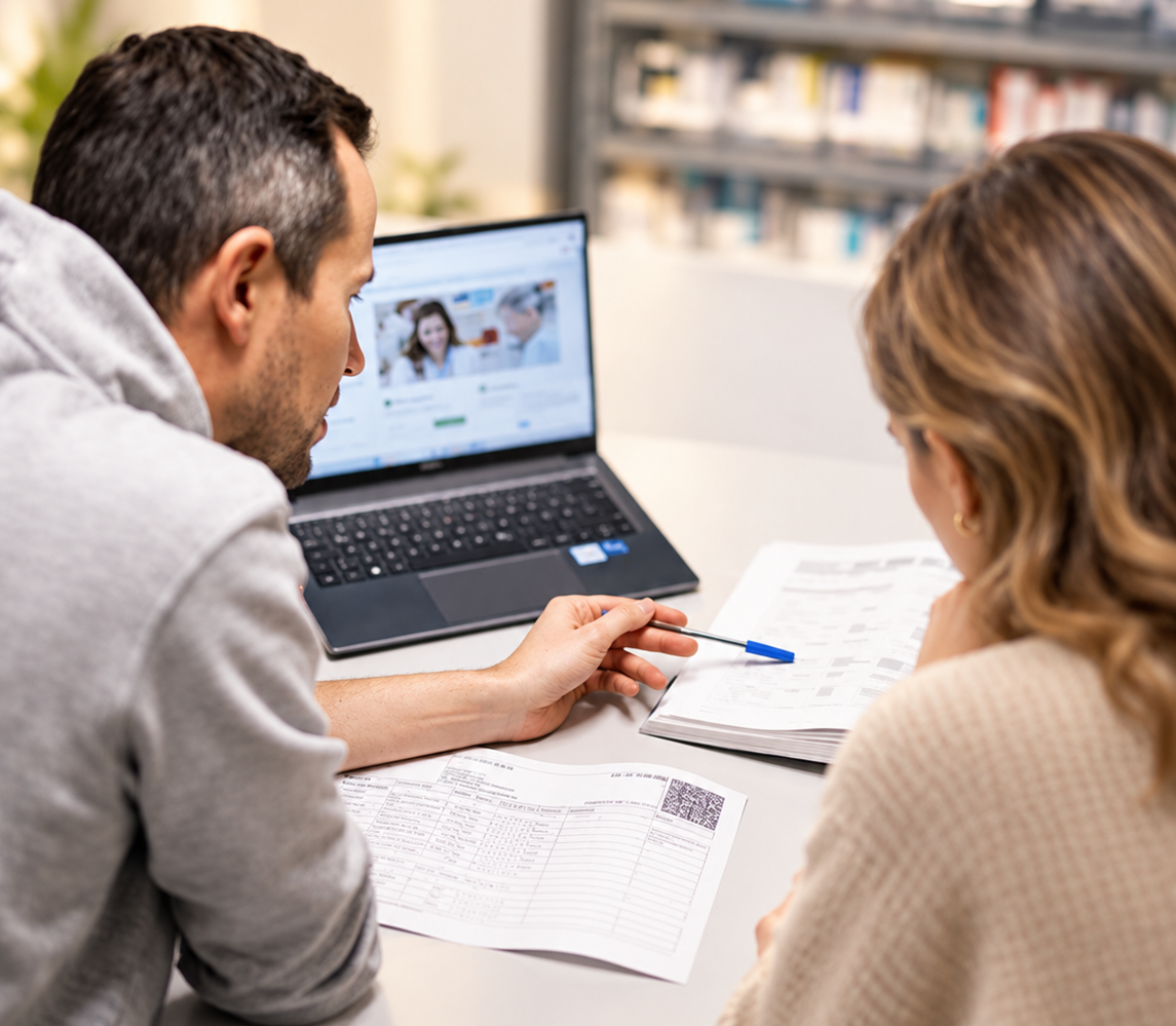 Persönliche Gesundheitsberatung in der Palmen Apotheke Ottobrunn mit digitaler Unterstützung und gemeinsamer Besprechung von Gesundheitsdaten.