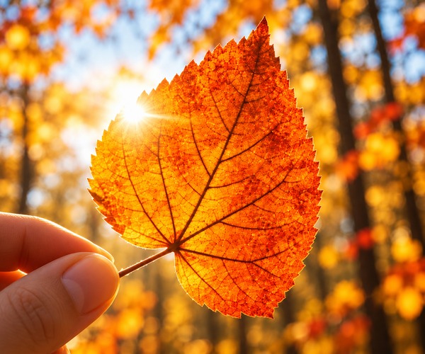 Orange-golden leuchtendes Herbstblatt im Sonnenlicht vor unscharfen Herbstbäumen